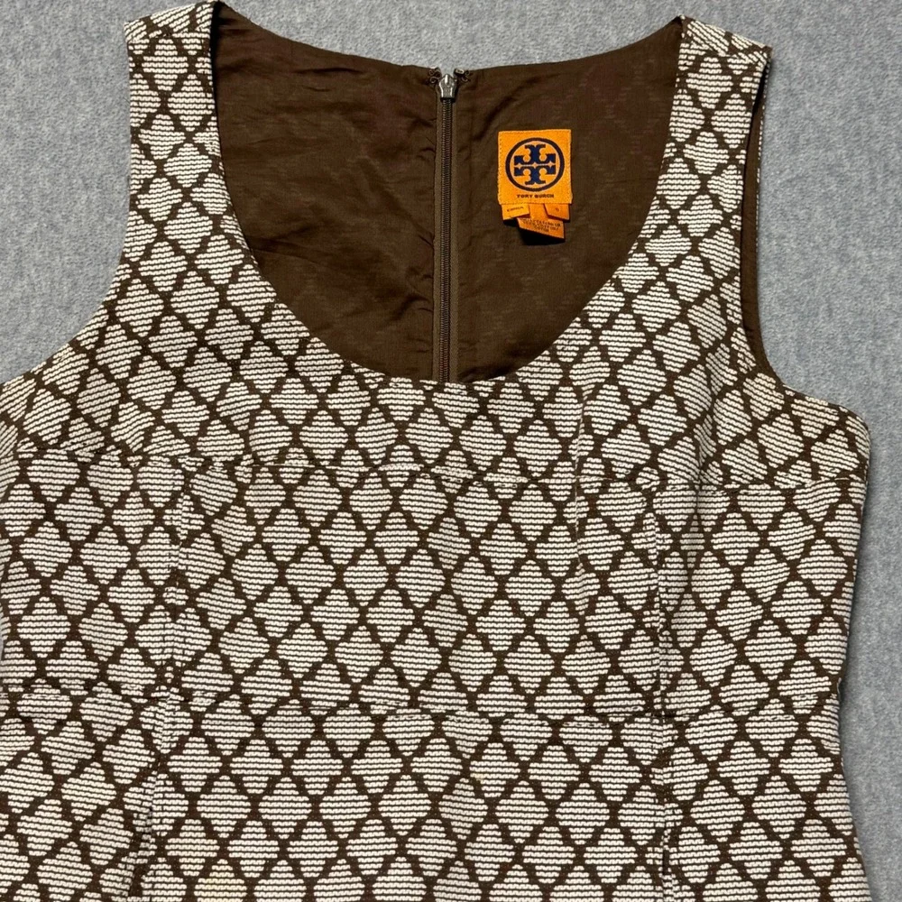 Tory Burch Brown White Geometric Diamond Cotton Shift Dress Pockets Womens 6
